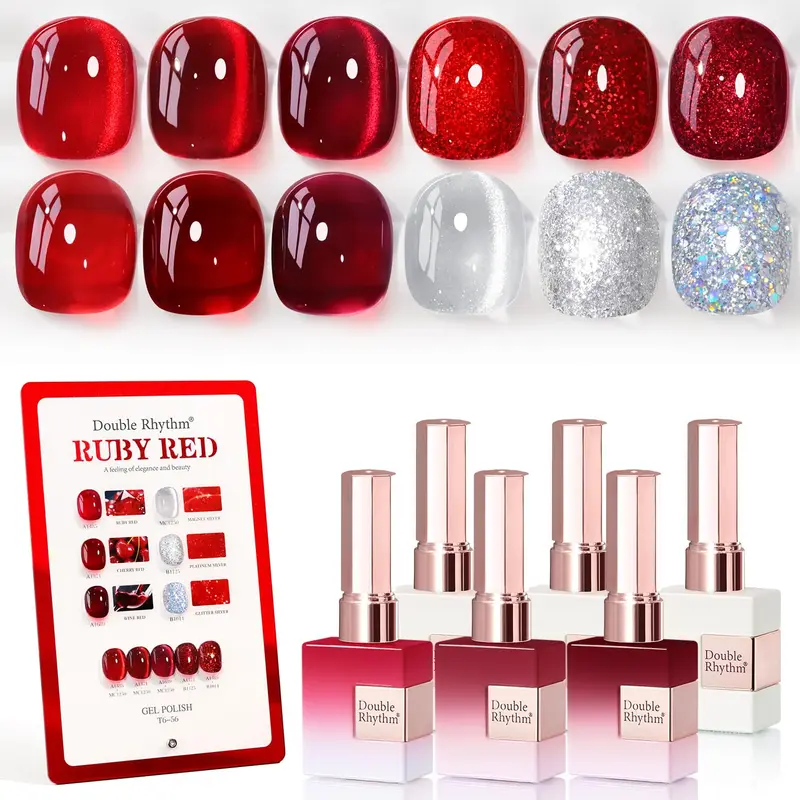 Double Rhythm - Kit Gel Vernis 6 Pièces 15 ml, Couleur Bordeaux Translucide avec Paillettes Argentées – Manucure à Domicile
