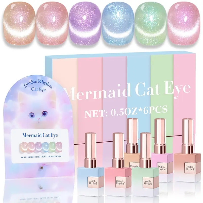 Double Rhythm Kit Vernis Gel Cat Eye – 6 Couleurs Identiques dans le Même Flacon 15 ml, Effet Magnétique Holographique UV