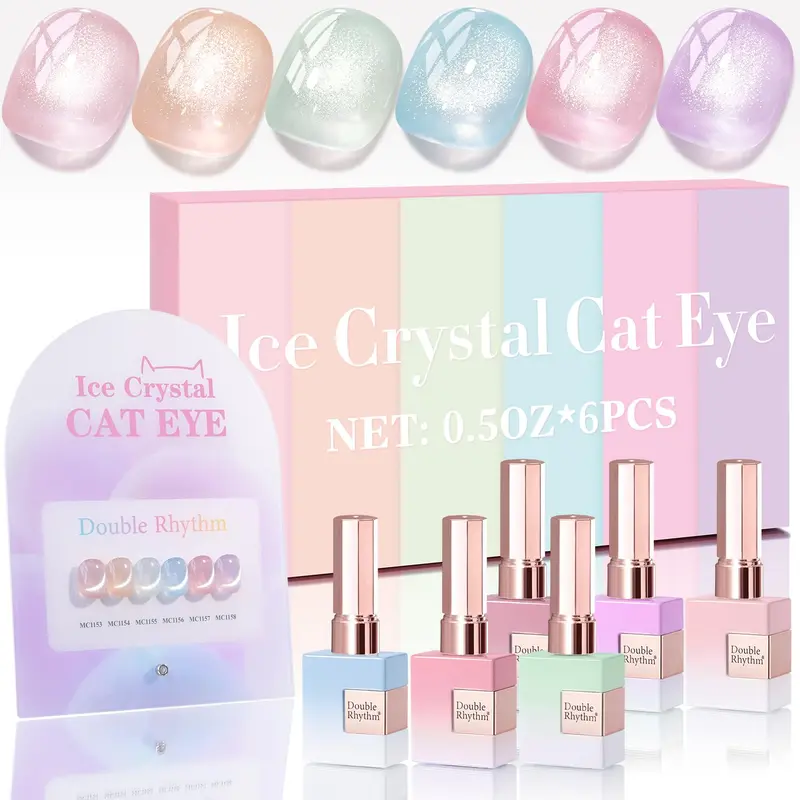 Double Rhythm – Kit Vernis Gel œil-de-chat 6 pièces identiques, Flacon 0,5 oz – Effet Magnétique et Pailleté