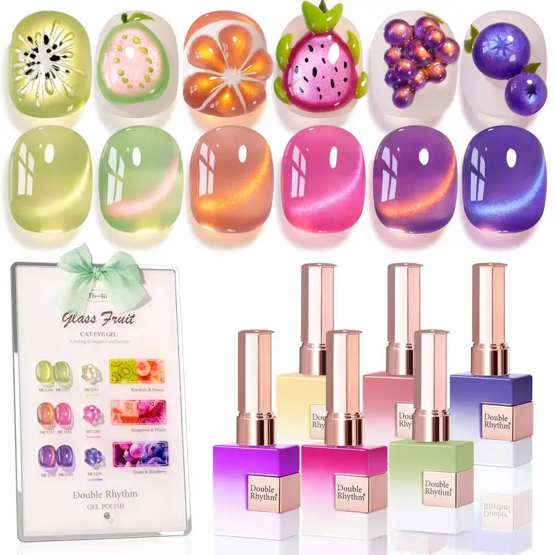 Double Rhythm Vernis Gel Fruit Cat Eye — Coffret 6 teintes, 0,5 oz, aimant holographique