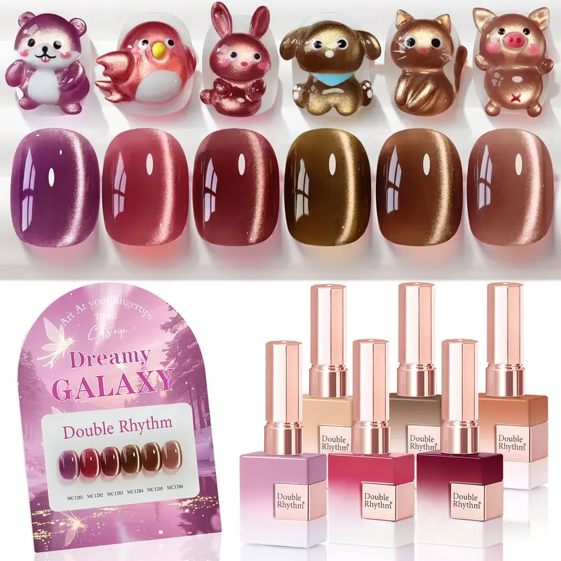 Double Rhythm Vernis Gel Œil-de-Chat – Lot de 6 dans le Même Flacon 0,5 oz – Rose Café Brun Rouge