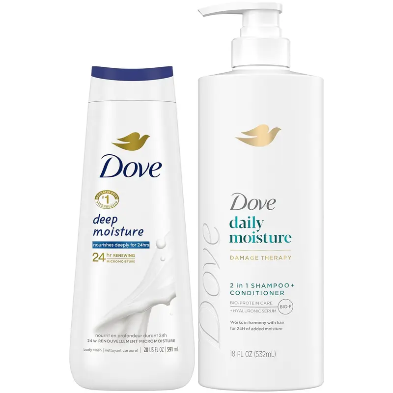 Dove 2-en-1 Shampooing et Après-shampoing Daily Moisture + Gel Douche Deep Moisture – Hydratation Quotidienne
