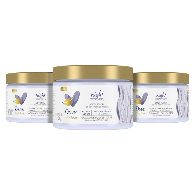 Dove Body Love Night Recovery Gommage Corps – 3 × 12 oz, rétinol et huiles botaniques, peau douce au réveil
