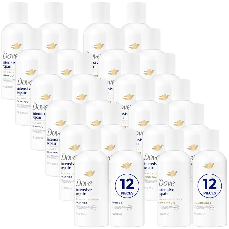 Dove Coffret Voyage Shampoing et Après-Shampoing – Réparation Intensive à la Kératine (12 ensembles, 24 bouteilles) – 3 oz chacun