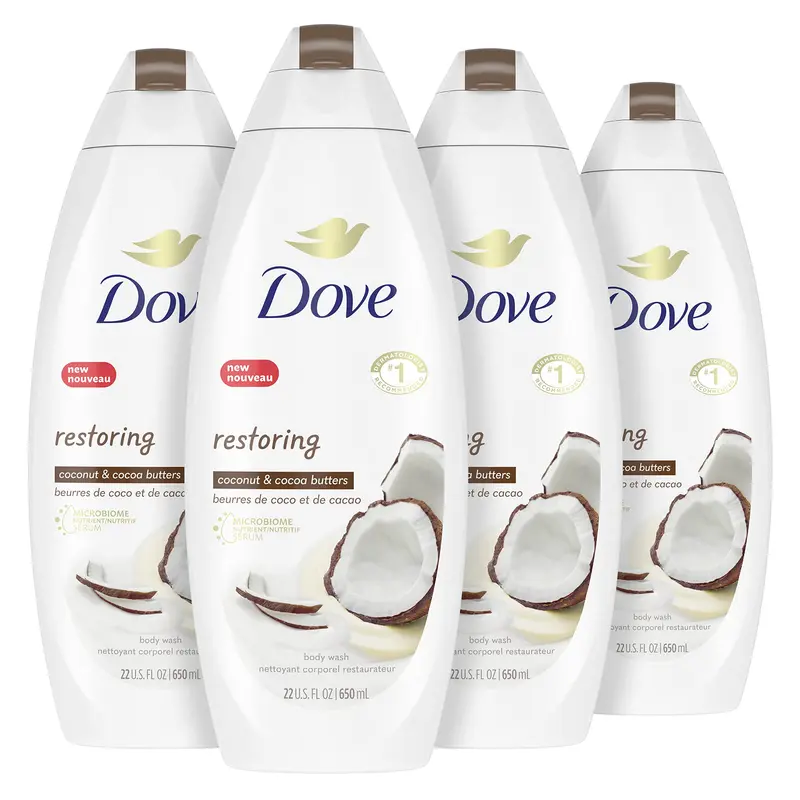 Dove Gel Douche Purely Pampering pour Peau Sèche – Beurre de Coco et Beurre de Cacao – Lot de 4 x 22 oz
