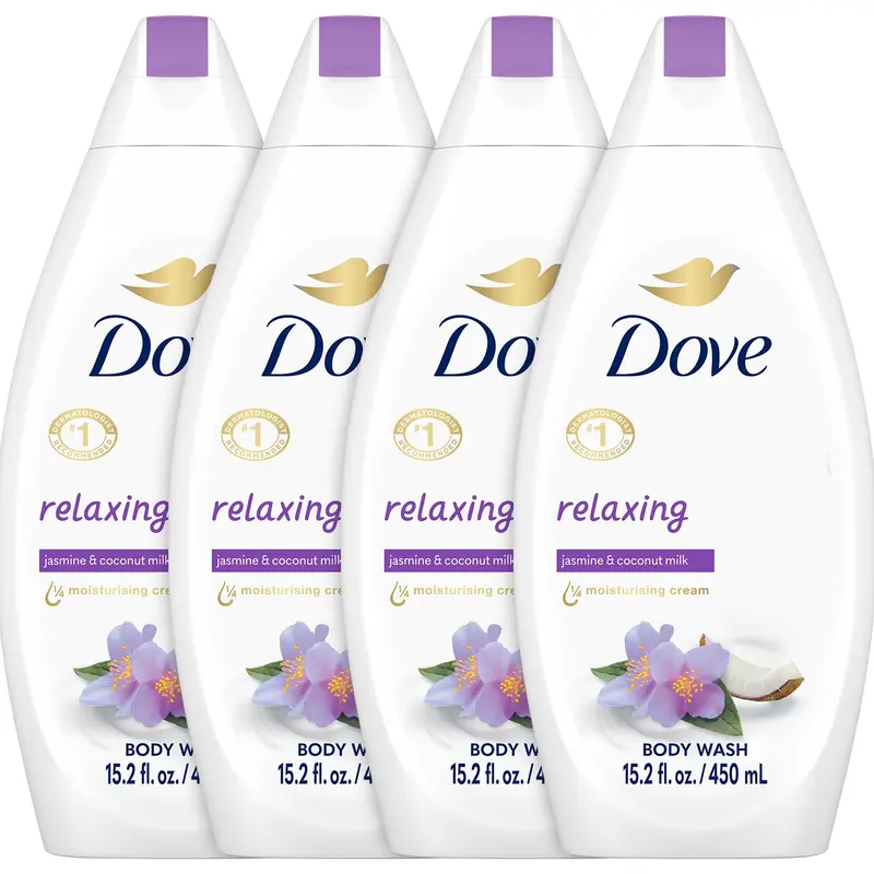 Dove Gel Douche Relaxant – Jasmin & Lait de Coco, Ensemble 4 Bouteilles, 15,2 oz chacun