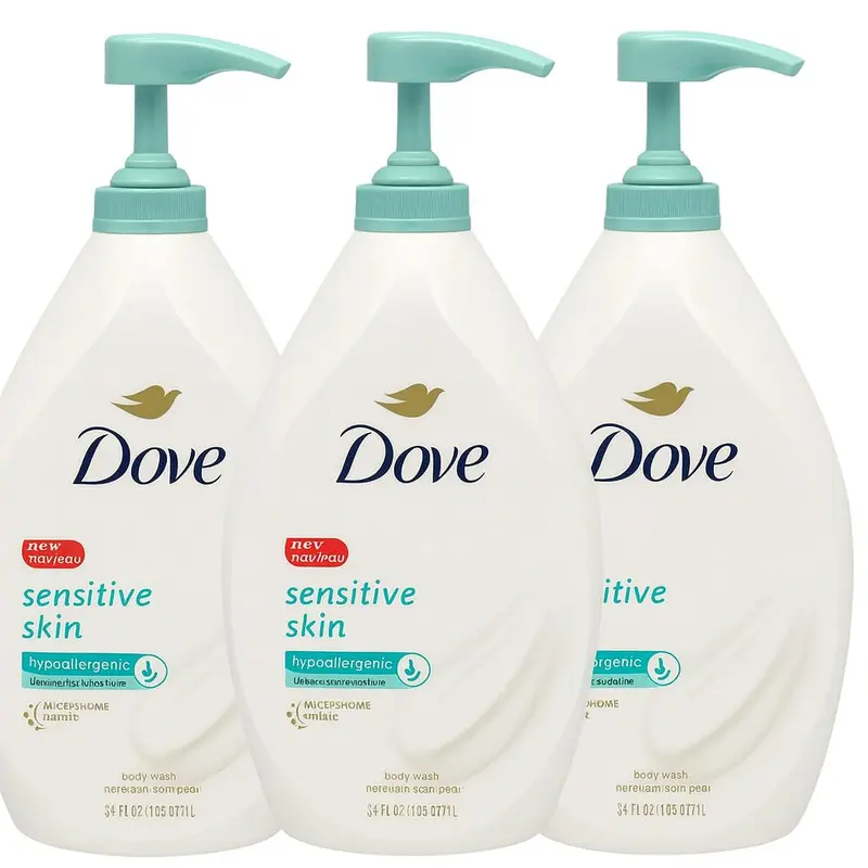 Dove Gel Douche Sensible avec Pompe – Pack de 3 x 1 L, Hypoallergénique, Sans Sulfates ni Parabènes