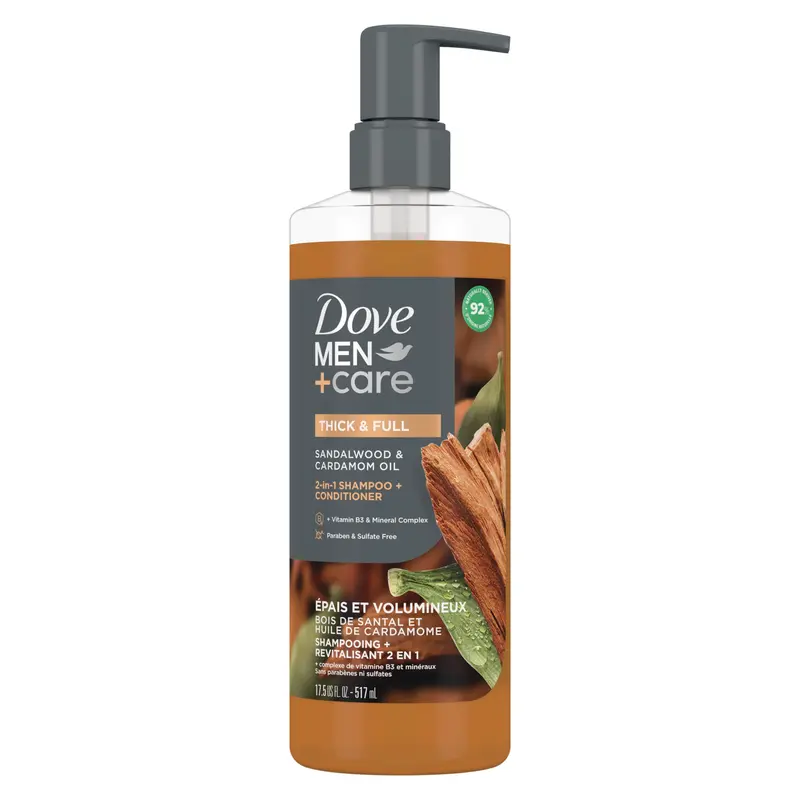 DOVE MEN + CARE 2-en-1 Shampoing et Après-shampoing Santal et Cardamome – Cheveux plus épais, 500 ml
