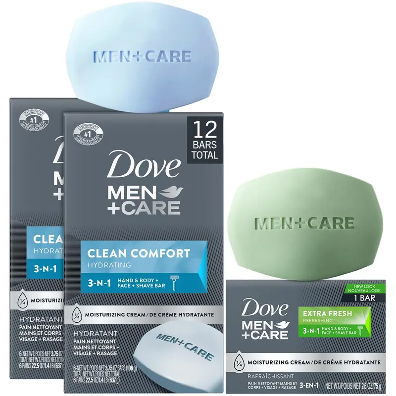 Dove Men+Care Clean Comfort & Extra Fresh – Pack 12 barres + 1 barre, savon 3-en-1 hydratant et rafraîchissant