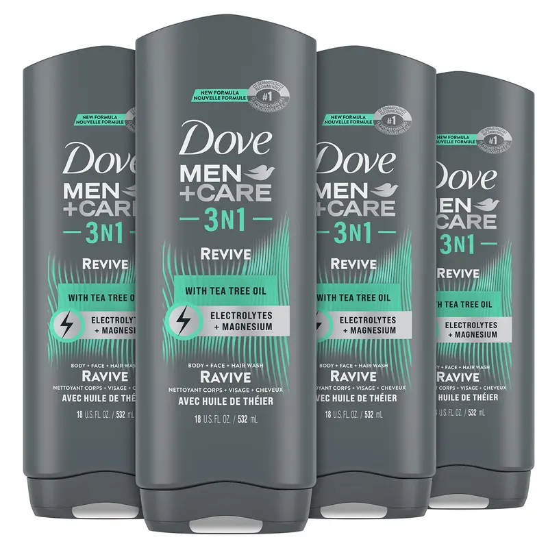 DOVE MEN + CARE Gel Douche 3 en 1 Revive Tea Tree – Lot de 4, env. 532 ml chacun