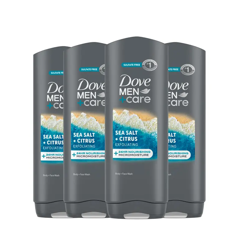 DOVE MEN + CARE Gel Douche Exfoliant Sel Marin + Agrumes – Coffret 4 bouteilles (532 ml chacune)