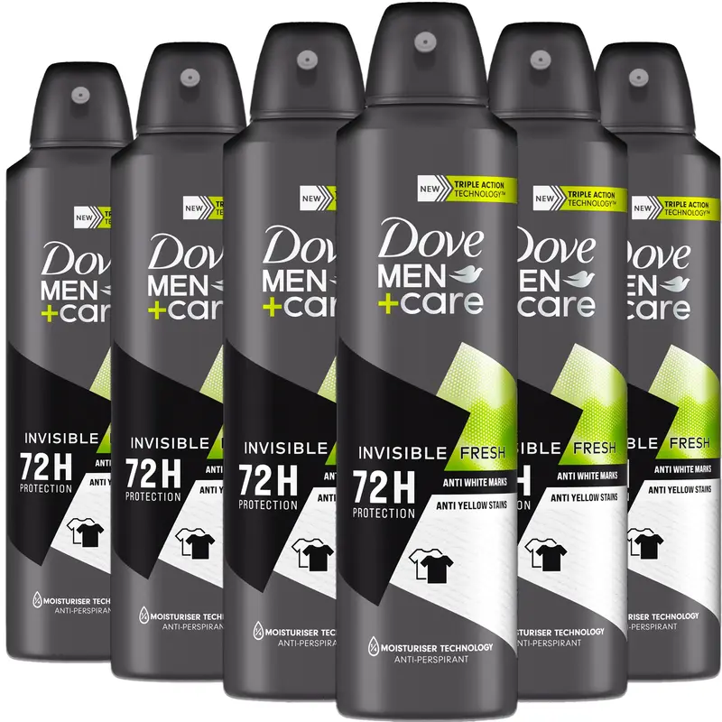 Dove Men+Care Invisible Fresh Déodorant Antiperspirant Aérosol – Lot de 6, 72h, Sans Traces Blanches