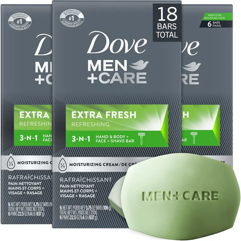 Dove Men+Care Savon en barre Extra Frais – Pack 3 barres (18 barres au total), Hydratant 3-en-1 pour corps, mains et visage (637 g chacun)