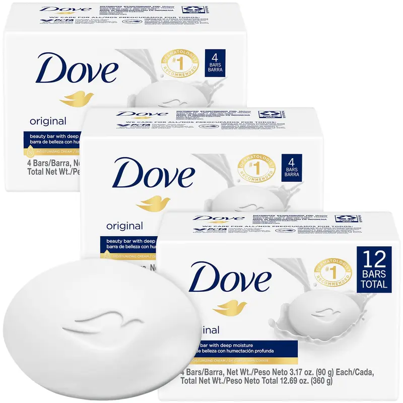 Dove Savon Original – Pack 3 Barres (12 Savons) 3-en-1 Hydratant Visage, Corps et Mains, 3,17 oz chacun