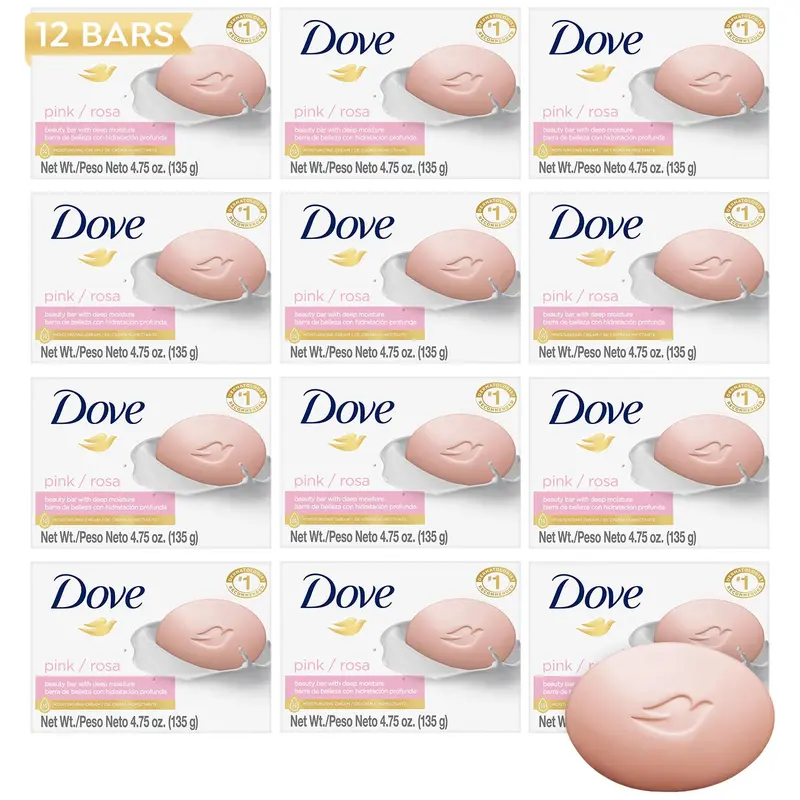 Dove Savon Rose – Lot de 12 barres 3-en-1 hydratantes pour visage, corps et mains (4,75 oz chacune)