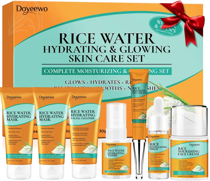 DOYEEWO Ensemble Soin Peau 7 Pièces – Extrait de Riz Coréen, Hydratation et Éclat