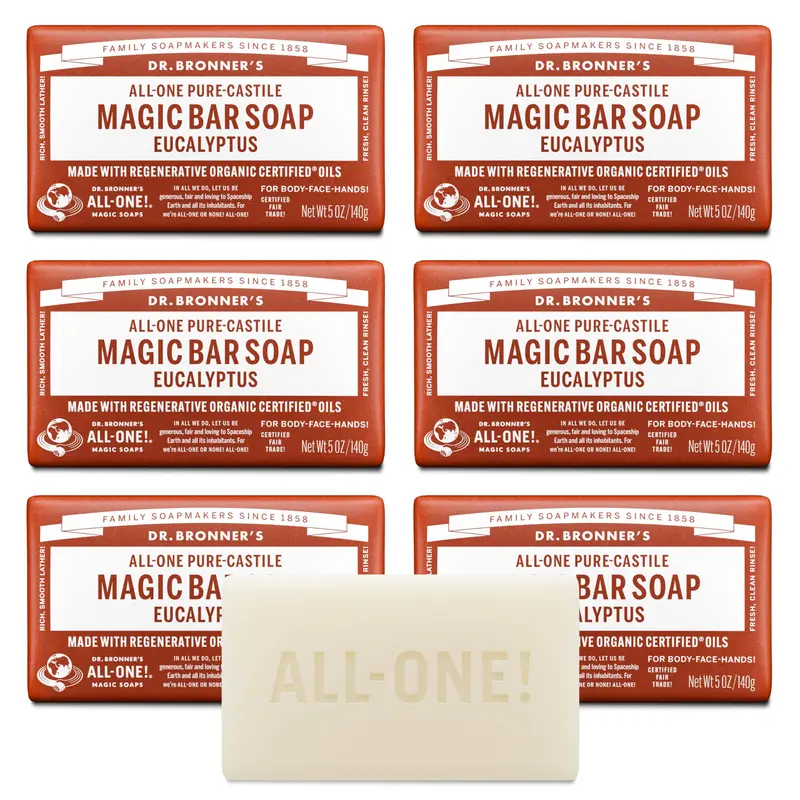 Dr. Bronner’s Barre Pure-Castile Eucalyptus – Savon en barre 6x5 oz, huiles régénératives certifiées