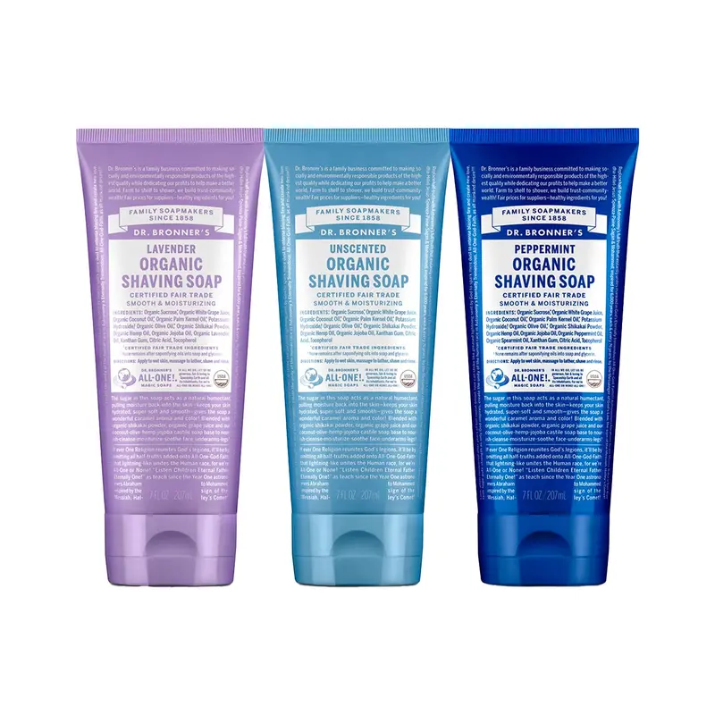 Dr. Bronner's - Lot de 3 Savons de Rasage Bio (Lavande, Bébé Sans Parfum, Menthe Poivrée) 7 oz | Certifié Biologique et Commerce Équitable