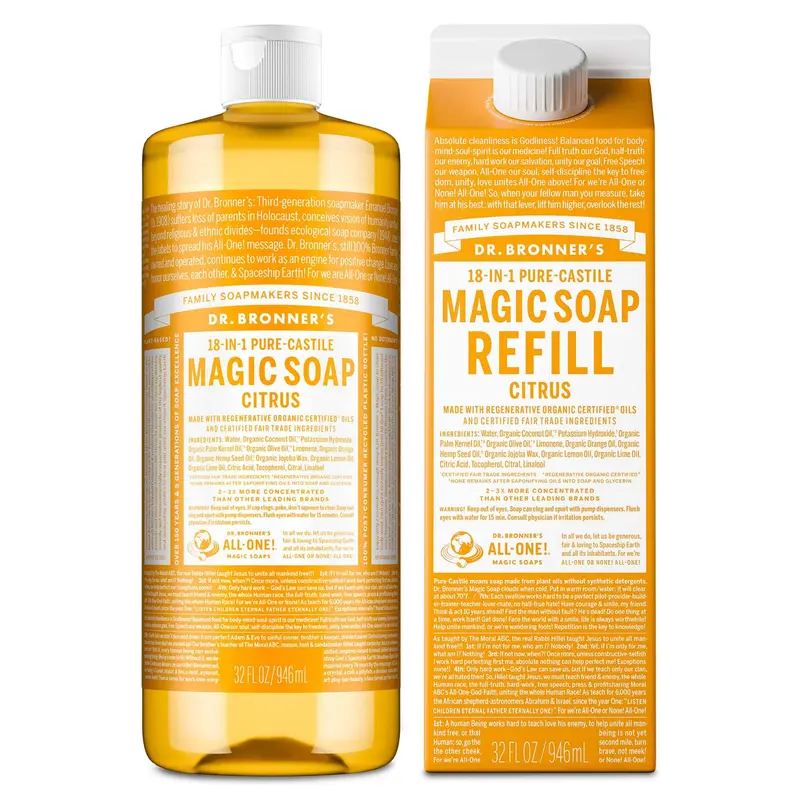 Dr. Bronner's Pure-Castile Citrus – Savon Liquide 32oz + Recharge, 18 en 1, Bio et Vegan