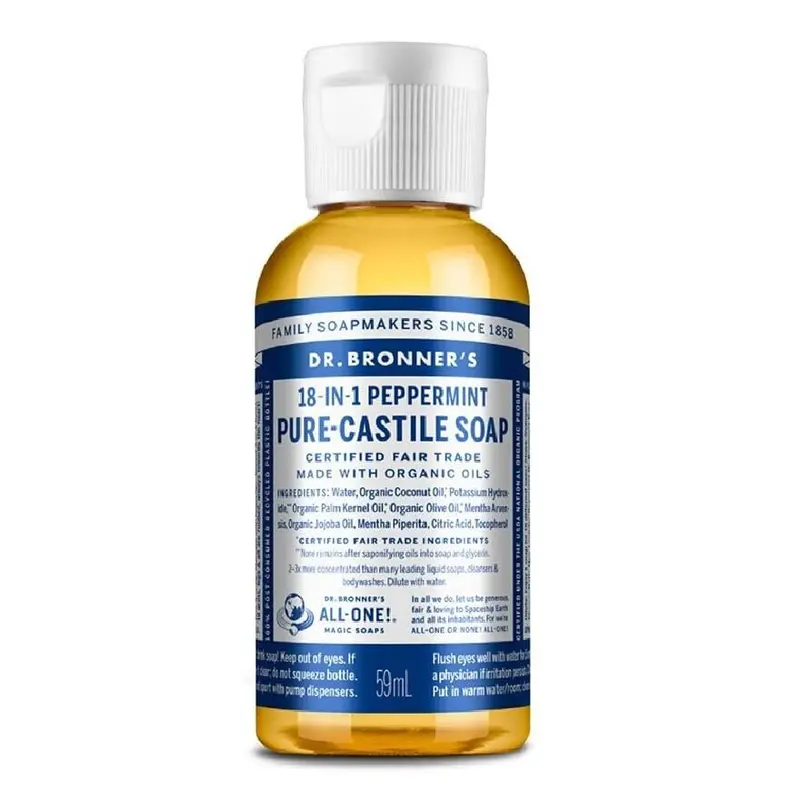 Dr. Bronner's Pure-Castile Liquide – Menthe-poivrée, Format voyage 2 onces, 18 usages végan et équitable
