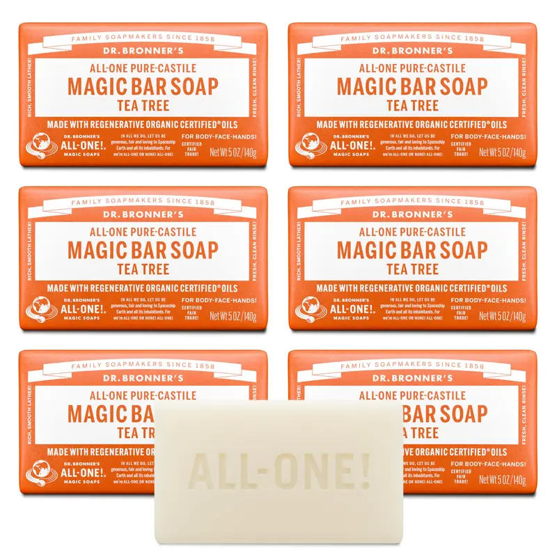 Dr. Bronner's Savon-barre Pure-Castile Arbre à Thé – 6 barres de 5 oz, huiles régénératives, visage, corps et cheveux, végan