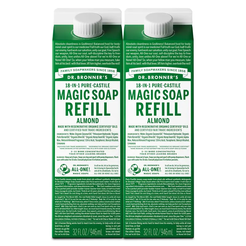 Dr. Bronner’s Savon Liquide Pur-Castile Amande Recharge — Huiles Biologiques Certifiées Régénératives — 18 Usages, Vegan, 2 × 32 oz