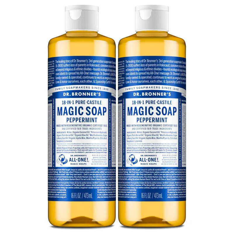 Dr. Bronner’s Savon Liquide Pur-Castile Menthe – 2 bouteilles, 18 utilisations, huiles biologiques certifiées, vegan