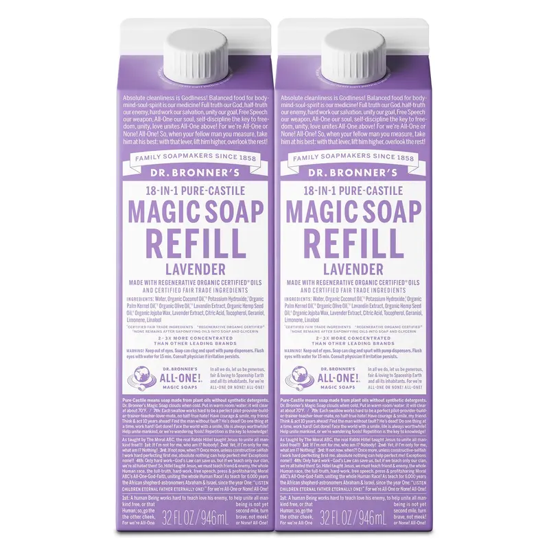 Dr. Bronner's Savon Liquide Pur-Castile Refill Lavande – 2×32 oz | Huiles certifiées régénératives organiques, Corps, Cheveux, Linge, Vaisselle | Concentré, Végan, Sans OGM