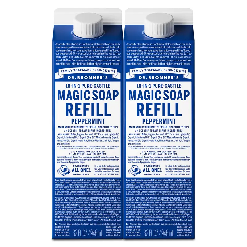 Dr. Bronner’s Savon Liquide Pur‑Castile Refill Menthe – 2 x 946 ml, ROC, Pour Corps, Cheveux, Linge, Vaisselle, Vegan & Non-GMO