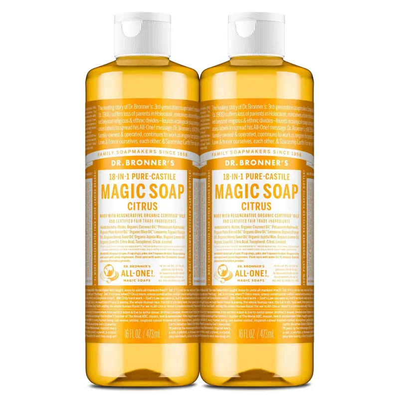 Dr. Bronner's Savon Liquide Pure-Castile Citrus – Lot de deux flacons, huiles biologiques certifiées et commerce équitable, 18 utilisations
