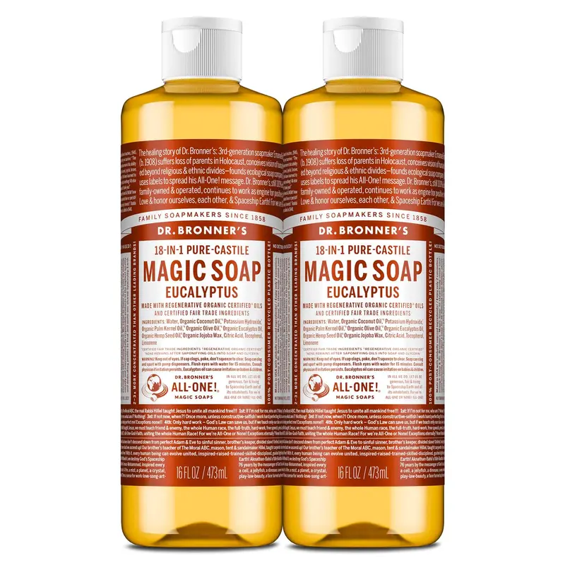 Dr. Bronner’s Savon Liquide Pure-Castile Eucalyptus – Paire 2 × 16 oz – Huiles certifiées organique régénérative, 18 utilisations