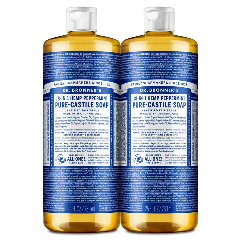 Dr. Bronner's Savon Liquide Pure-Castile Menthe (25 oz) – Paquet de 2, 18-en-1, Bio, Vegan, Non-GMO