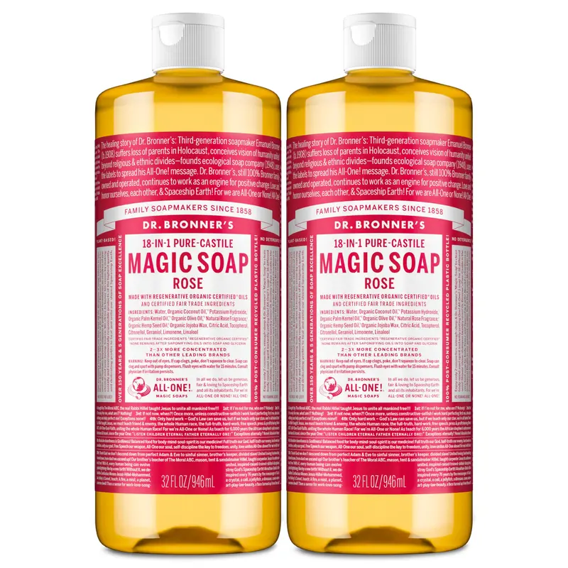 Dr. Bronner's Savon Liquide Pure-Castile Rose – 2 x 946 ml – huiles certifiées biologiques régénératives – 18 usages – Vegan
