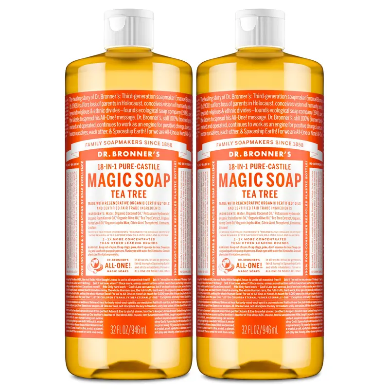 Dr. Bronner’s Savon Liquide Pure-Castile Tea Tree 32 oz – Lot de 2 | 18 usages, huiles biologiques régénératives, vegan, sans OGM