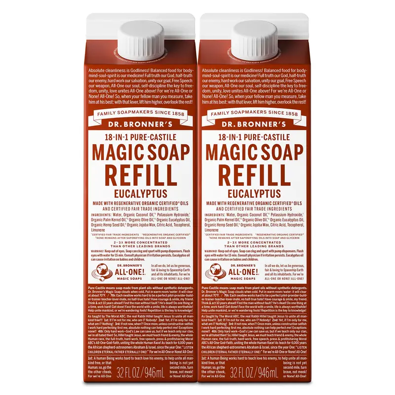 Dr. Bronner’s Savon Pur-Castile Recharge Eucalyptus – 2x32 oz, Bio & Équitable, Vegan