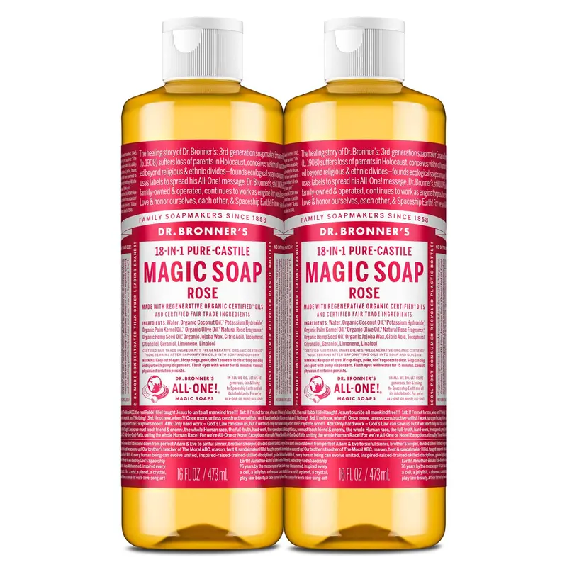 Dr. Bronner’s Savon Pur‑Castile Rose – Lot 2 x 473 ml, Huiles Organiques Régénératives Certifiées, 18 Usages, Végan