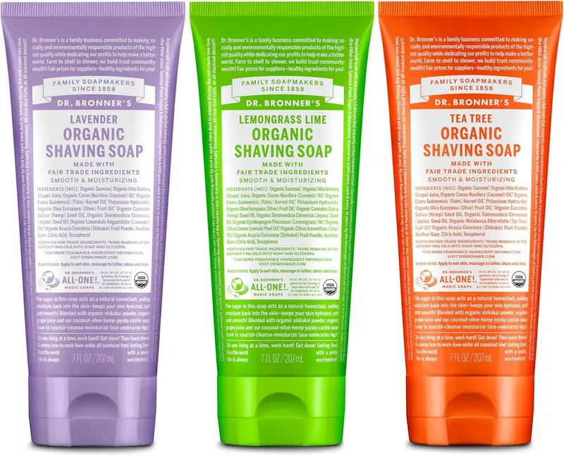 Dr. Bronner's Savon Rasage Bio – Coffret Trio 7oz (Lavande, Arbre à Thé, Citronnelle) – Hydratant pour Visage et Corps