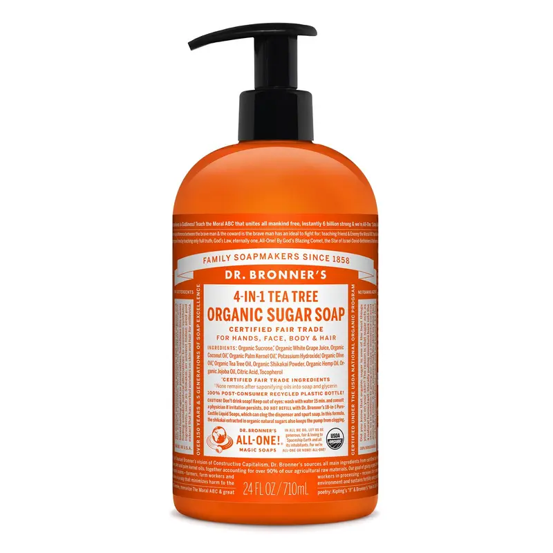 Dr. Bronner's Savon Sucre Bio à l'Arbre à Thé – 24 oz – 4 en 1 pour mains, corps, visage et cheveux
