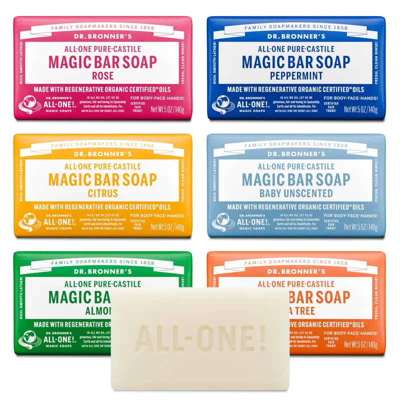 Dr. Bronner’s Savons-Barre Pure-Castile – Lot Découverte 5 oz (Amande, Non-Parfumé, Lavande, Menthe, Agrumes, Rose)
