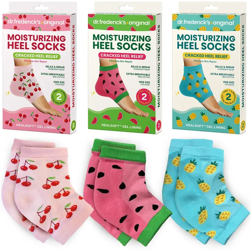Dr. Frederick's Original Chaussettes Talons Hydratants - 3 Paires - Gel Hydratant Coco et Beurre de Mangue - Impression Été