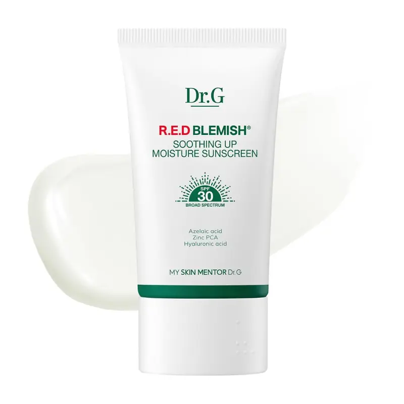 Dr. G R.E.D. Blemish Soothing Up Moisture Sunscreen – Écran solaire hydratant sans film blanc, SPF large pour peaux sensibles (50 ml)