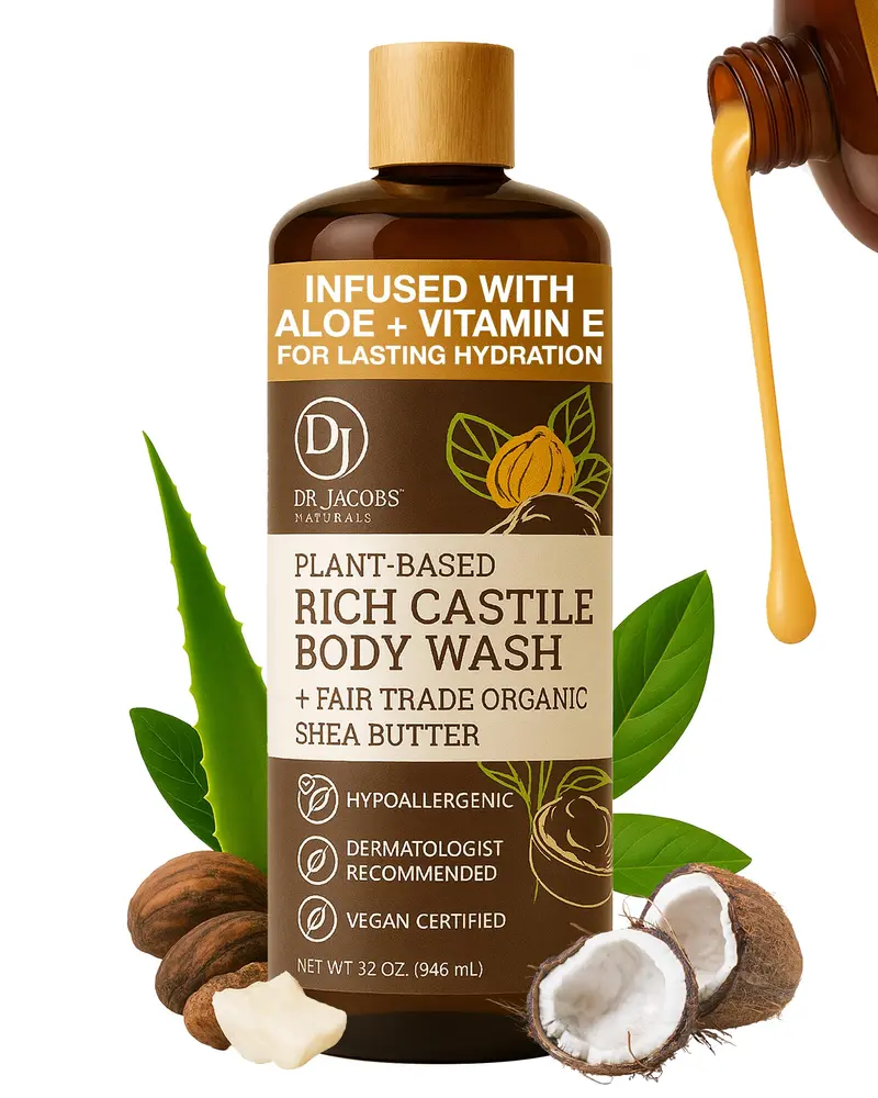 Dr. Jacobs Naturals Savon Castile Liquide pour le Corps – Beurre de Karité, Hydratant Végétal, Aloe Vera et Vitamine E – 32 oz – Fabriqué aux États-Unis