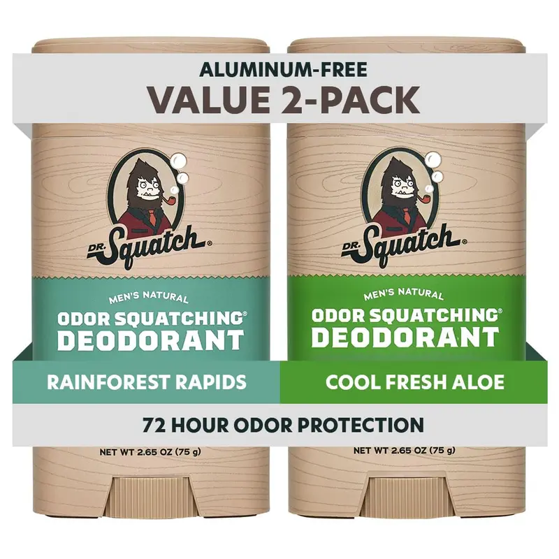 Dr. Squatch Déodorant Masculin Naturel – Sans Aluminium, Charbon & Postbiotiques – Rainforest Rapids + Aloe Frais Rafraîchissant, 2 x 75 g