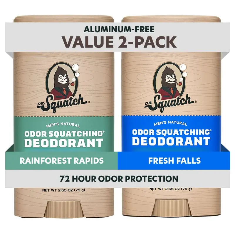 Dr. Squatch Déodorant Naturel Homme – Sans Aluminium, Charbon & Postbiotiques – Rainforest Rapids & Fresh Falls, 2×2,65 oz