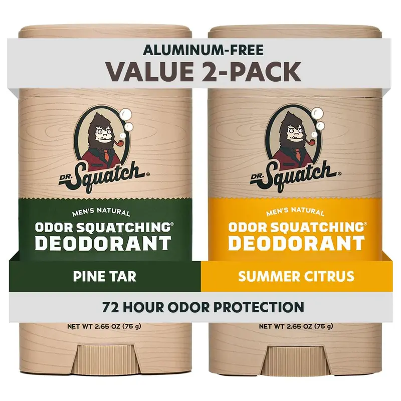Dr. Squatch Déodorant Naturel pour Homme – Sans Aluminium, Charbon et Postbiotiques, Pine Tar + Summer Citrus, 2 bâtons