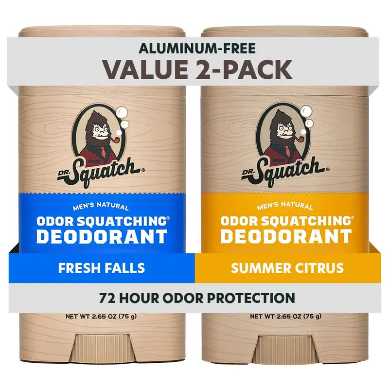 Dr. Squatch Déodorant naturel pour homme – Sans aluminium, Charbon & Postbiotiques – Fresh Falls & Summer Citrus, 2 x 2,65 oz