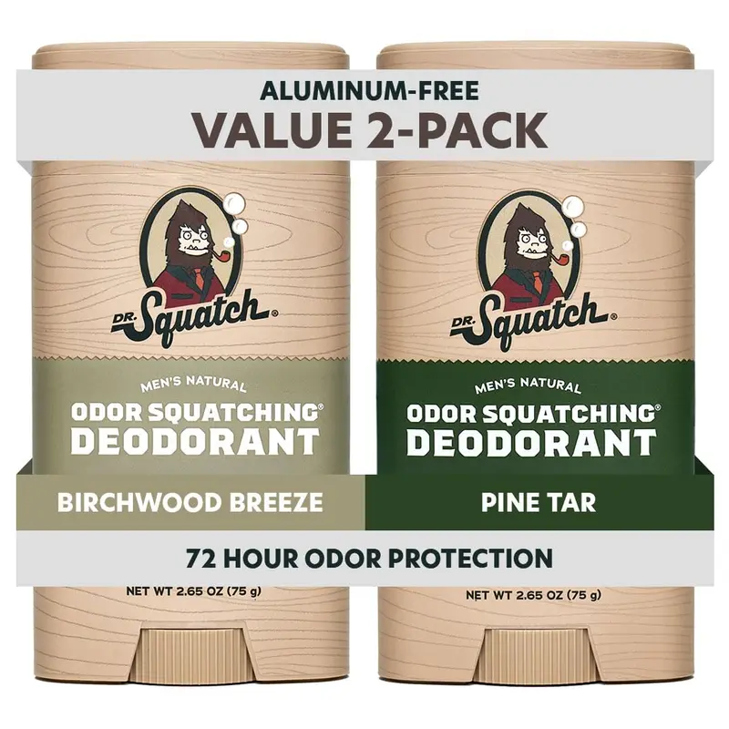 Dr. Squatch Déodorant Naturel pour Homme – Sans Aluminium, Charbon & Postbiotiques – Goudron de pin et Brise de bouleau, Lot de 2 sticks