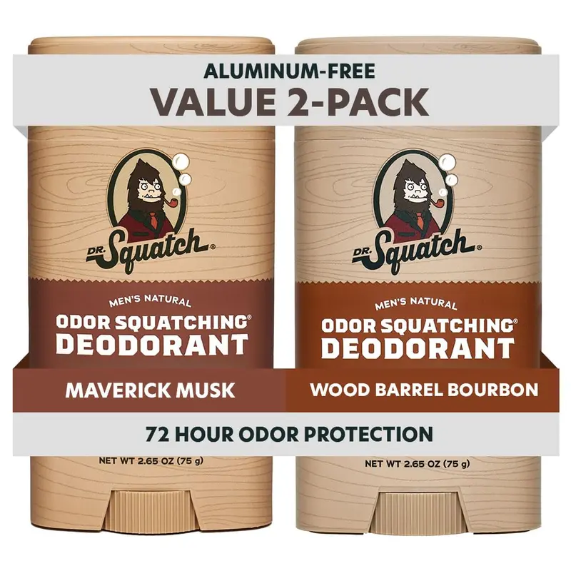 Dr. Squatch Déodorant Naturel pour Hommes – Sans Aluminium, Charbon & Postbiotics – Maverick Musk + Wood Barrel Bourbon, 2 bâtons de 2,65 oz