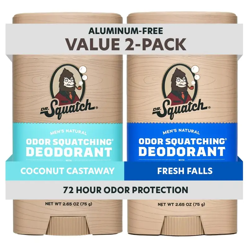 Dr. Squatch Déodorant Naturel pour Hommes – Sans Aluminium, Charbon & Postbiotiques – 72 h de Protection – Coconut Castaway + Fresh Falls, Pack 2 × 75 g