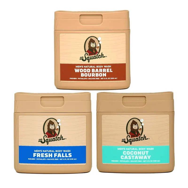 Dr. Squatch Gel Douche Homme — Ingrédients Naturels, Sans Parabènes, Hydratation Toute la Journée (Wood Barrel Bourbon, Fresh Falls, Coconut Castaway) — Lot de 3 flacons
